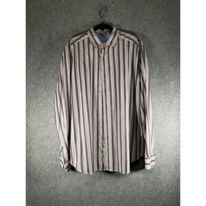 Robert Graham Men 2XL Long Sleeve Striped Button Down Shirt Flip Cuff Embroidere